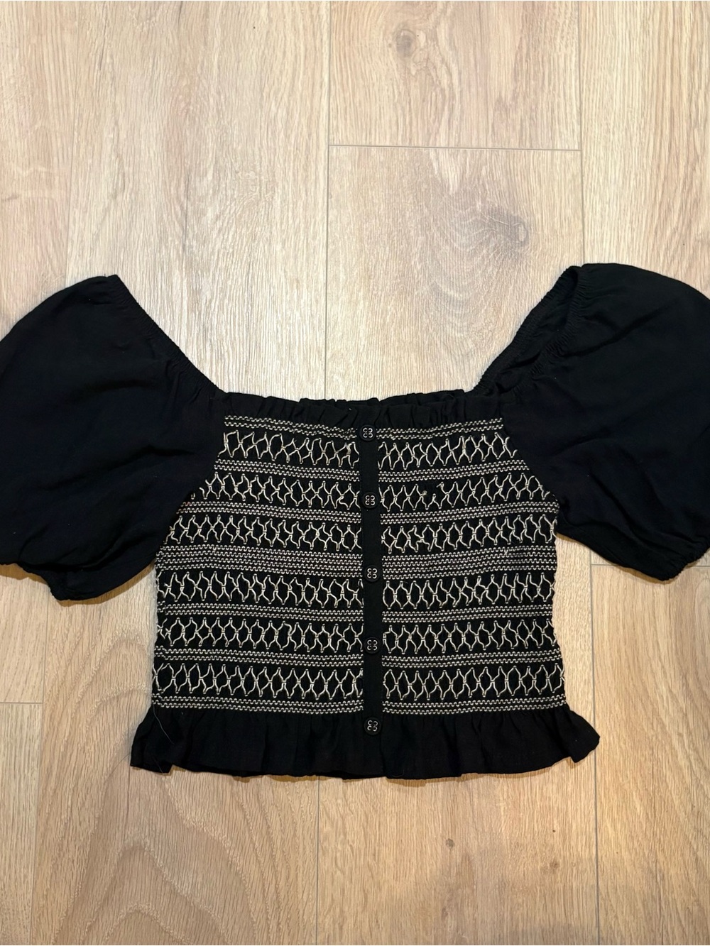 Francesca’s Black Puff-Sleeve Smocked Crop Top